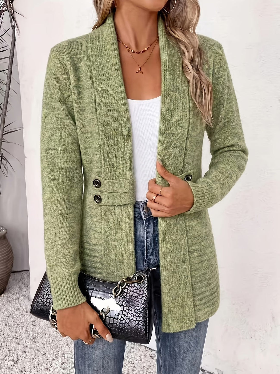 Tessa™ | Salie Geribbelde Brei Knopen-Tab Cardigan