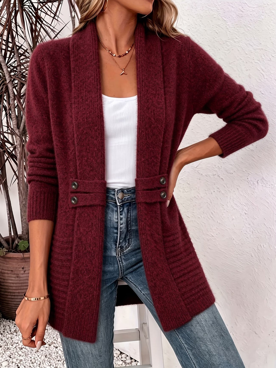 Marlowe™ | Bordeau Ribbelgebreide Knopen-Tab Cardigan