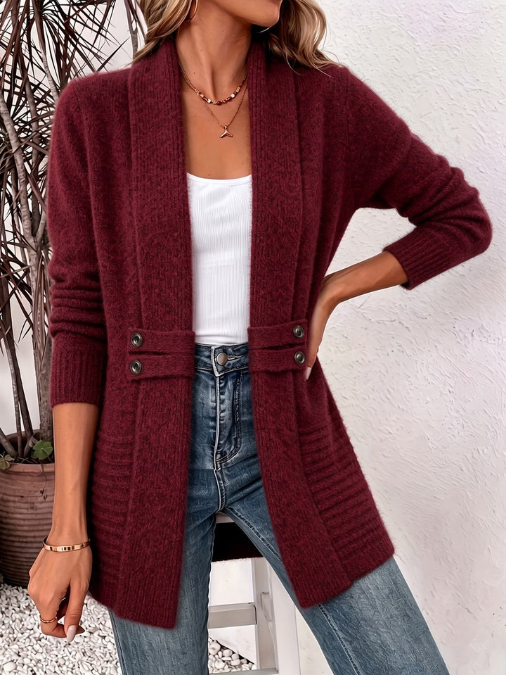 Marlowe™ | Bordeau Ribbelgebreide Knopen-Tab Cardigan