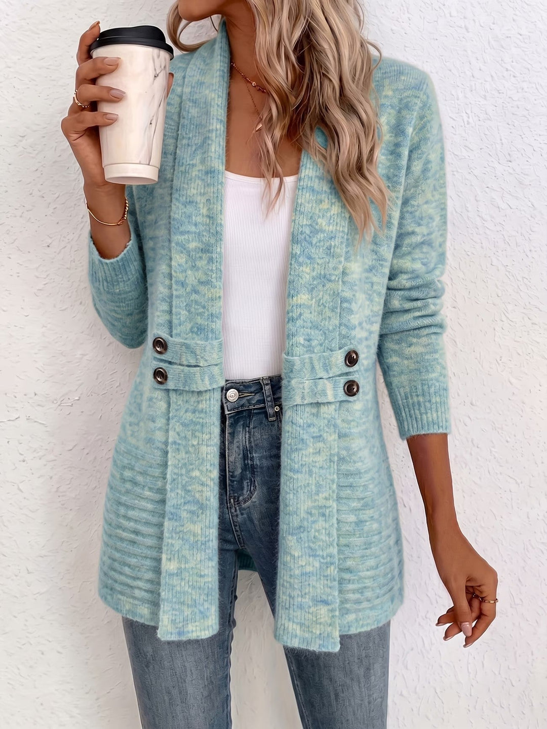 Nova™ | Aqua Geribbelde Brei Knopen-Tab Cardigan