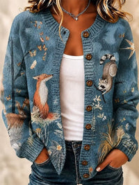 Mila | Gebreide Cardigan met Woodland Dierenprint en Knopen aan de Voorkant