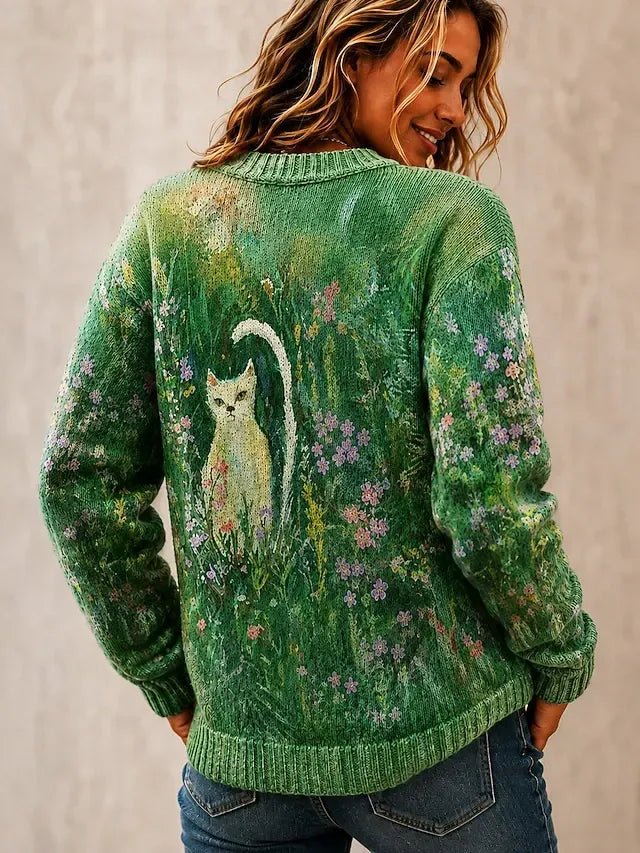 Leah | Gebloemde Kat Print Gebreide Knopen Voor Cardigan