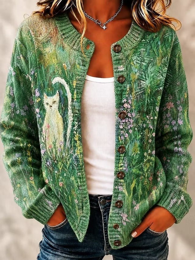Leah | Gebloemde Kat Print Gebreide Knopen Voor Cardigan