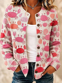 Nora | Roze Krabprint Gebreide Knopen Voorkant Cardigan