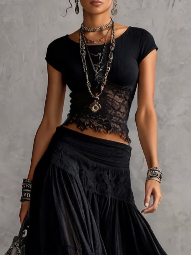 Zwarte Doorzichtige Kant Gecombineerde Top en Geplooide Maxi Rok Set