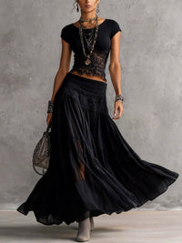 Zwarte Doorzichtige Kant Gecombineerde Top en Geplooide Maxi Rok Set