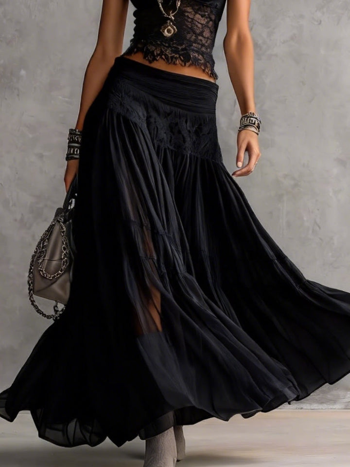 Zwarte Doorzichtige Kant Gecombineerde Top en Geplooide Maxi Rok Set