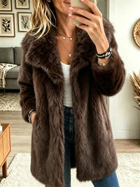 Dames Plush Faux Fur Notch Lapel Midi Coat