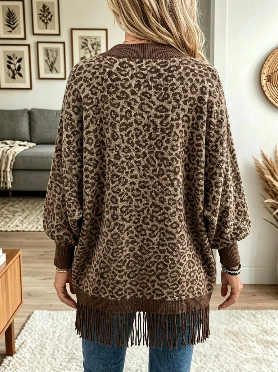 Dames Leopard Nepbont Kraag Franjes Cardigan