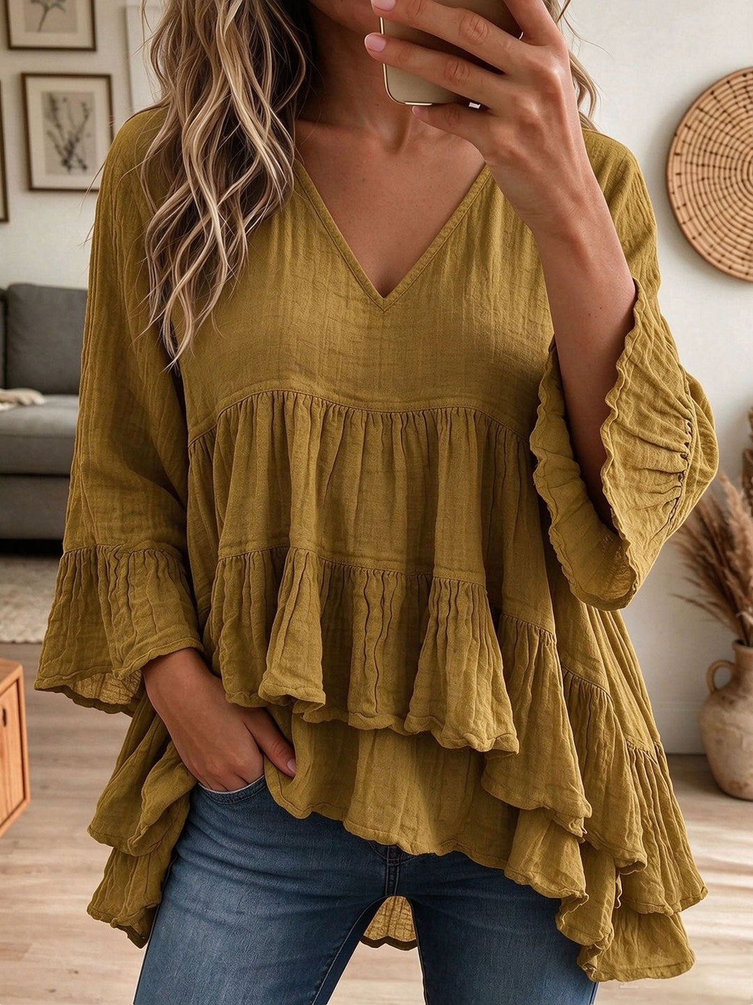 Vrouwen Blauw Katoen Linnen Gelaagde Rimpel Belmouw Loose Babydoll Blouse
