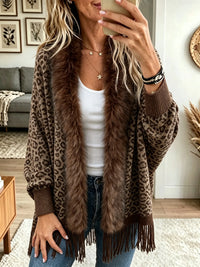 Dames Leopard Nepbont Kraag Franjes Cardigan
