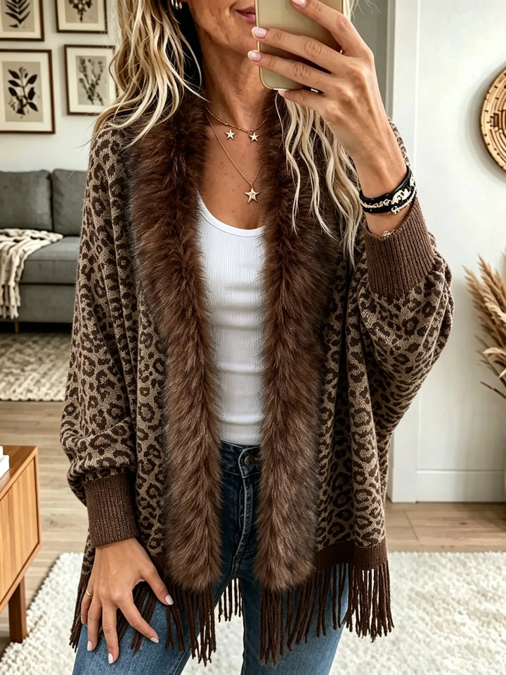 Dames Leopard Nepbont Kraag Franjes Cardigan