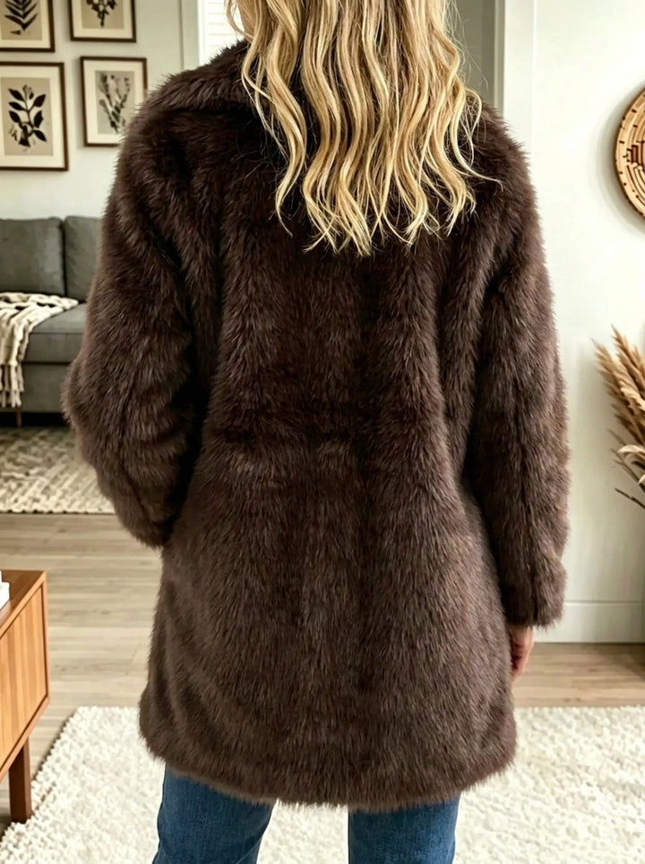 Dames Plush Faux Fur Notch Lapel Midi Coat