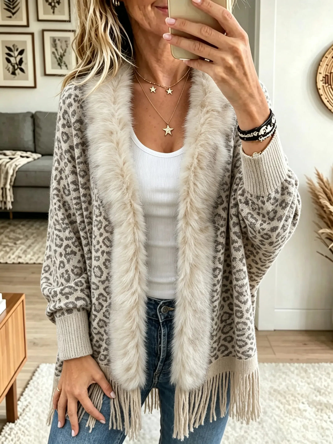 Dames Leopard Nepbont Kraag Franjes Cardigan