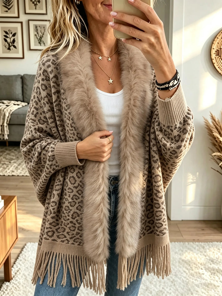 Dames Leopard Nepbont Kraag Franjes Cardigan
