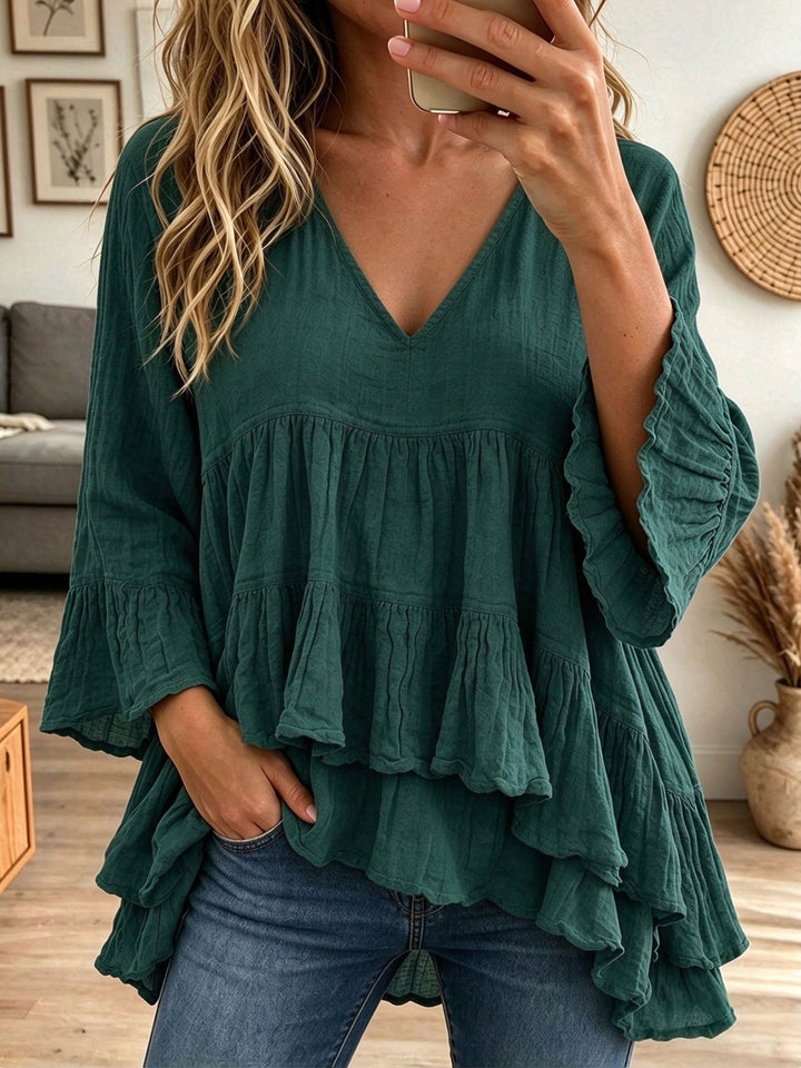 Vrouwen Blauw Katoen Linnen Gelaagde Rimpel Belmouw Loose Babydoll Blouse