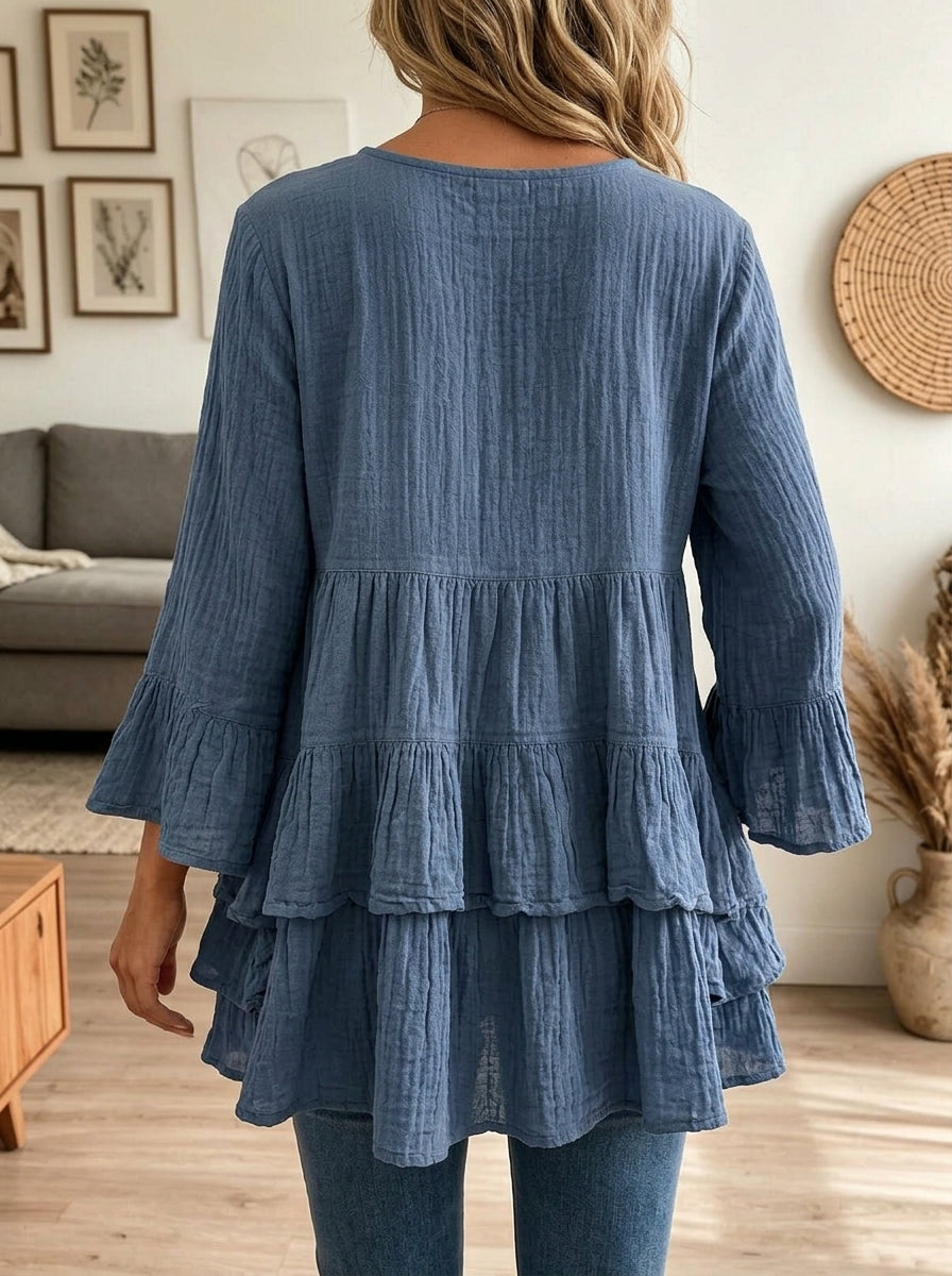 Vrouwen Blauw Katoen Linnen Gelaagde Rimpel Belmouw Loose Babydoll Blouse