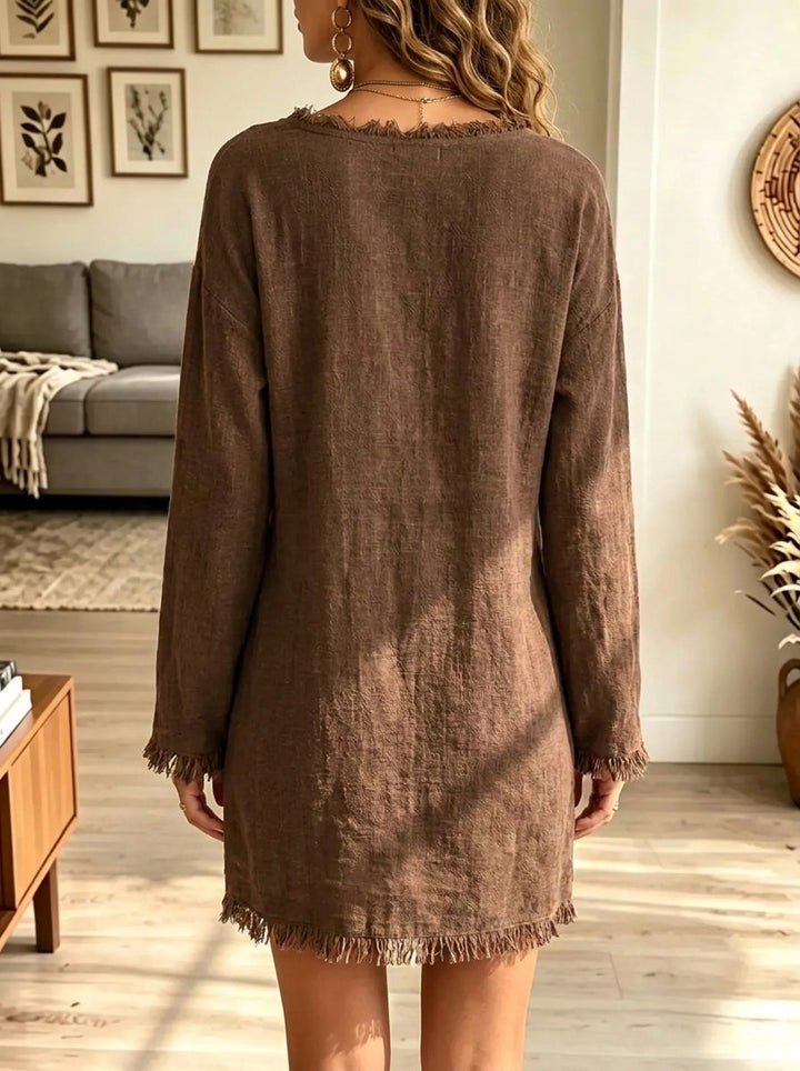 Vrouwen Mini Shirtjurk met Diepe V-Hals en Franje
