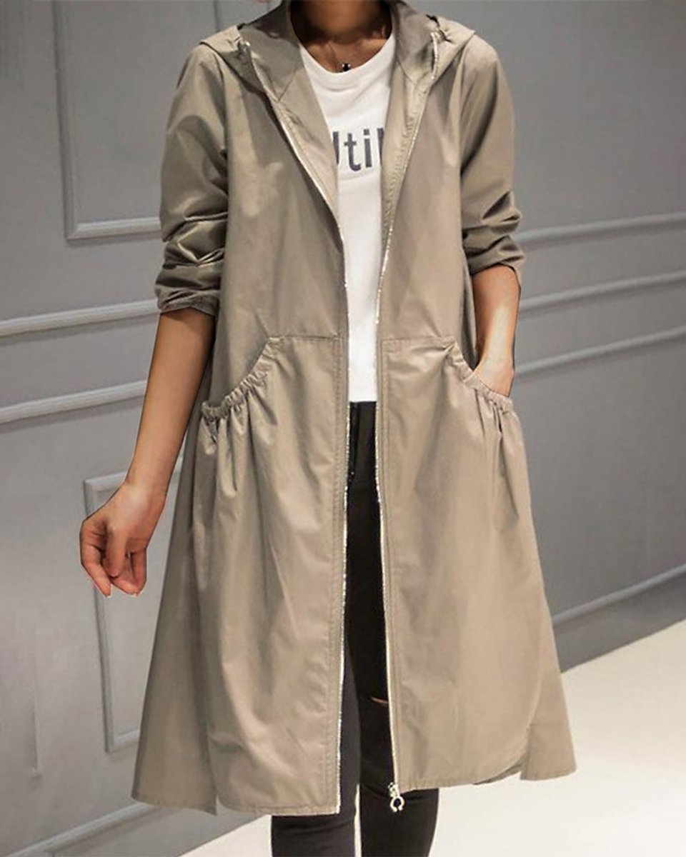 Kathleen | Lange trenchcoat met capuchon en rits