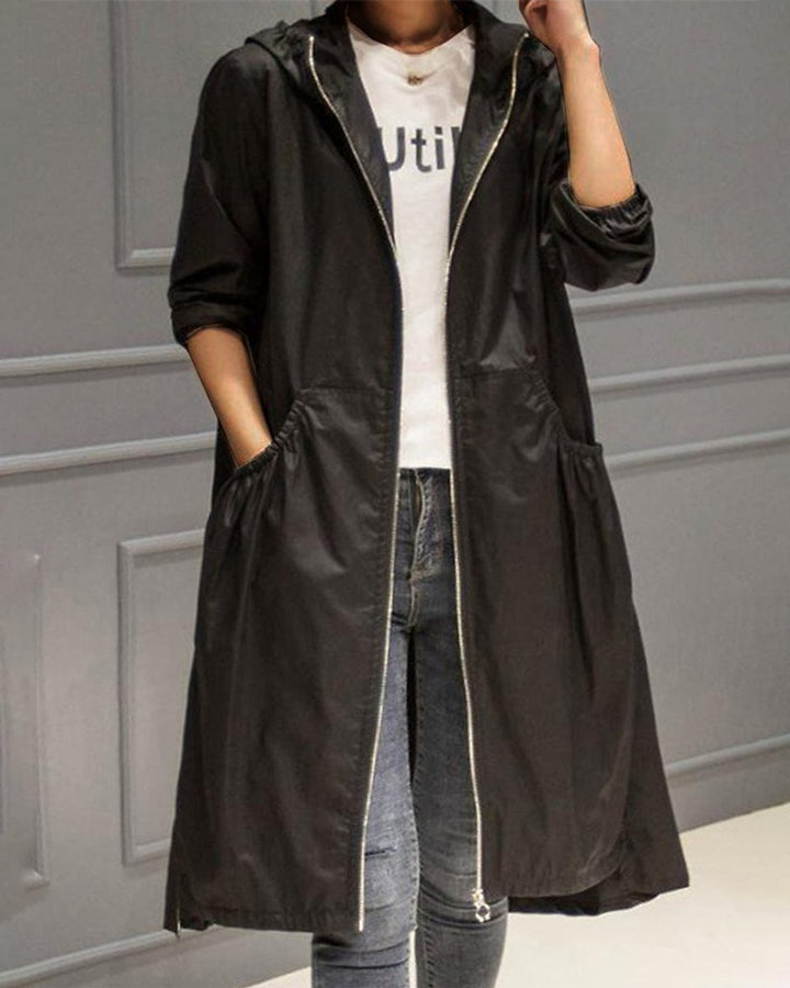 Kathleen | Lange trenchcoat met capuchon en rits